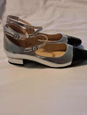 Liz Claiborne Silver and Black Mary Jane Flats with Ankle Straps